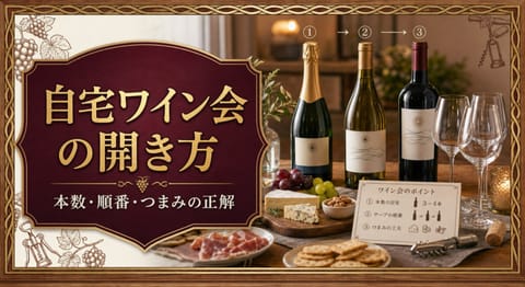 自宅ワイン会の開き方|本数・順番・つまみの正解という記事タイトルと、泡・白・赤のワインボトル、複数のグラス、チーズや生ハムのつまみ、進行カードを並べたサムネイル