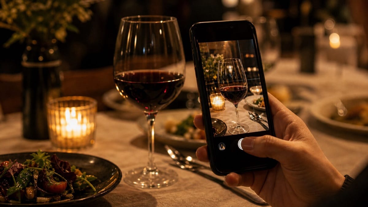 レストランでワインのグラスをスマホで撮影して記録する様子