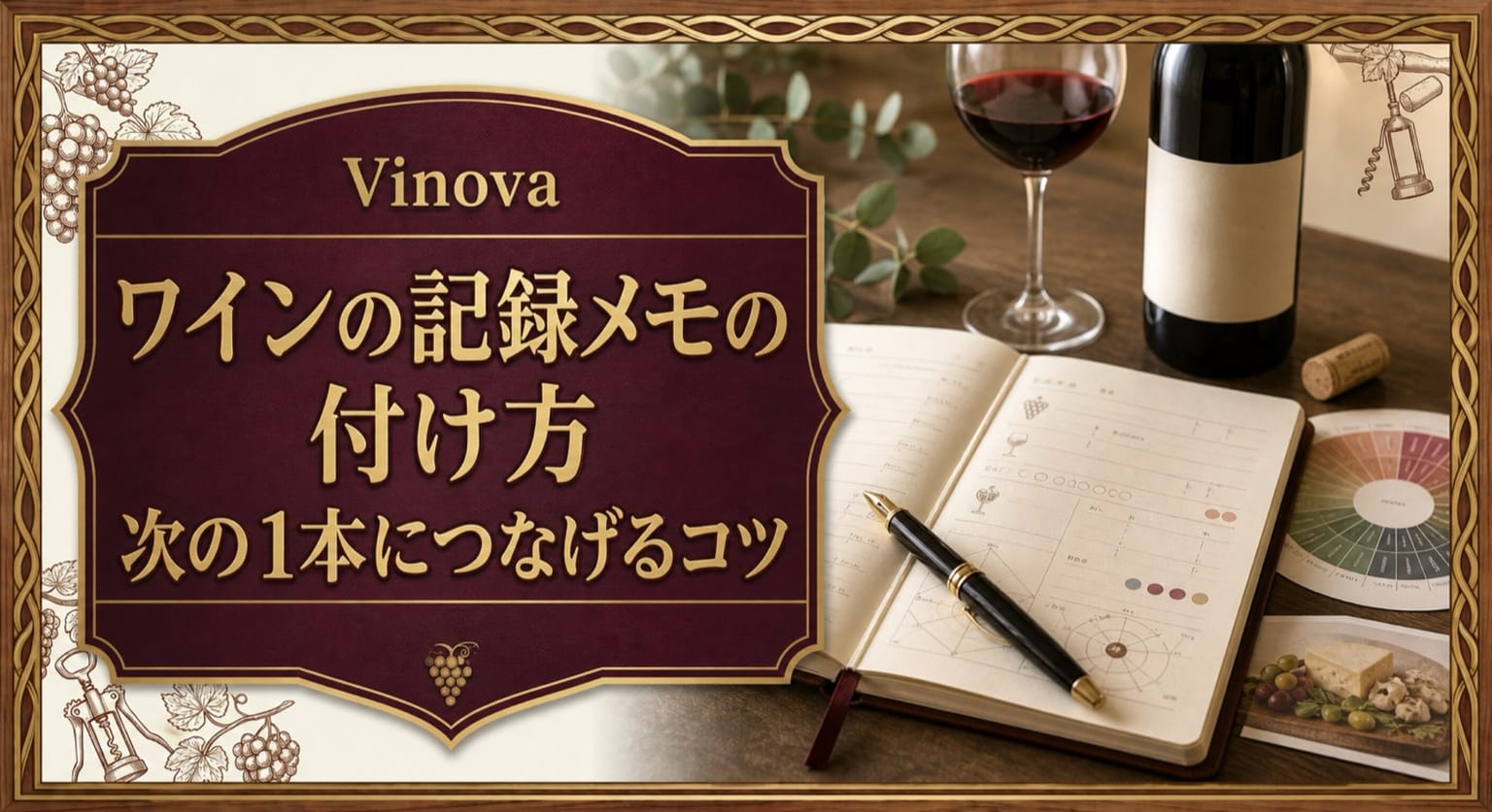 ワインの記録メモの付け方|次の1本につなげるコツという記事タイトルと、開いたノート、ペン、ワイングラス、香りや味わいを記録するカードを並べたサムネイル