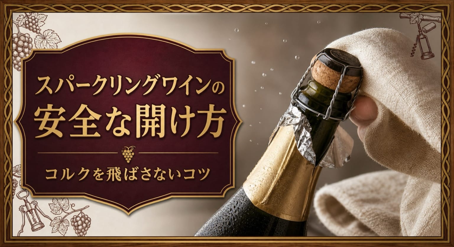 スパークリングワインの安全な開け方|コルクを飛ばさないコツという記事タイトルと、布でコルクを押さえながらスパークリングワインを安全に開ける手元のサムネイル