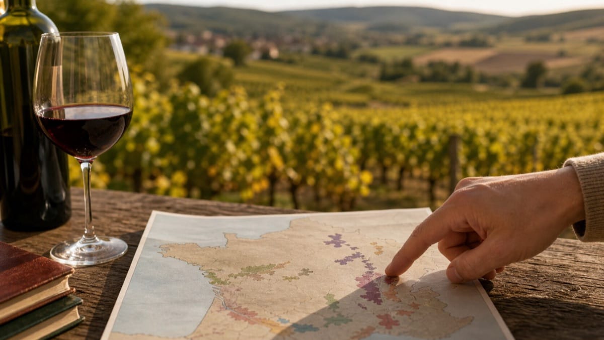 フランスの地図上で産地を指し示す手元