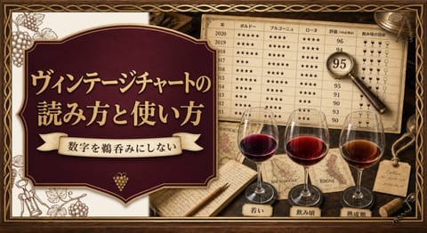ヴィンテージチャートの読み方と使い方という記事タイトルと、点数や星が並ぶヴィンテージチャート、95点を示す虫眼鏡、若い・飲み頃・熟成期の赤ワインを配したサムネイル