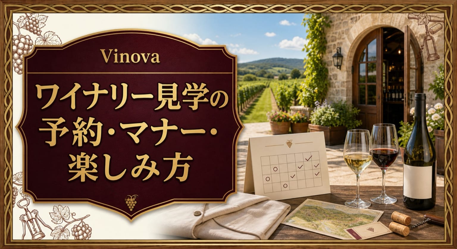 ワイナリー見学の予約・マナー・楽しみ方という記事タイトルと、ワイナリー入口、予約カレンダー、地図、試飲グラス、白い上着を並べた見学ガイド風サムネイル
