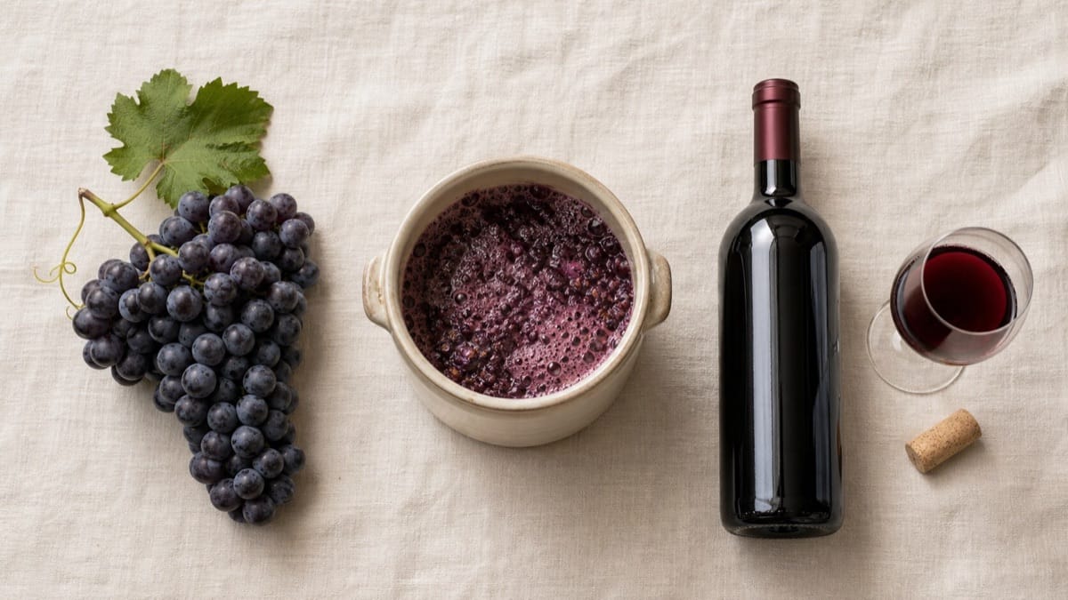 ブドウから発酵、瓶詰めまでの醸造フローを連想させる並び