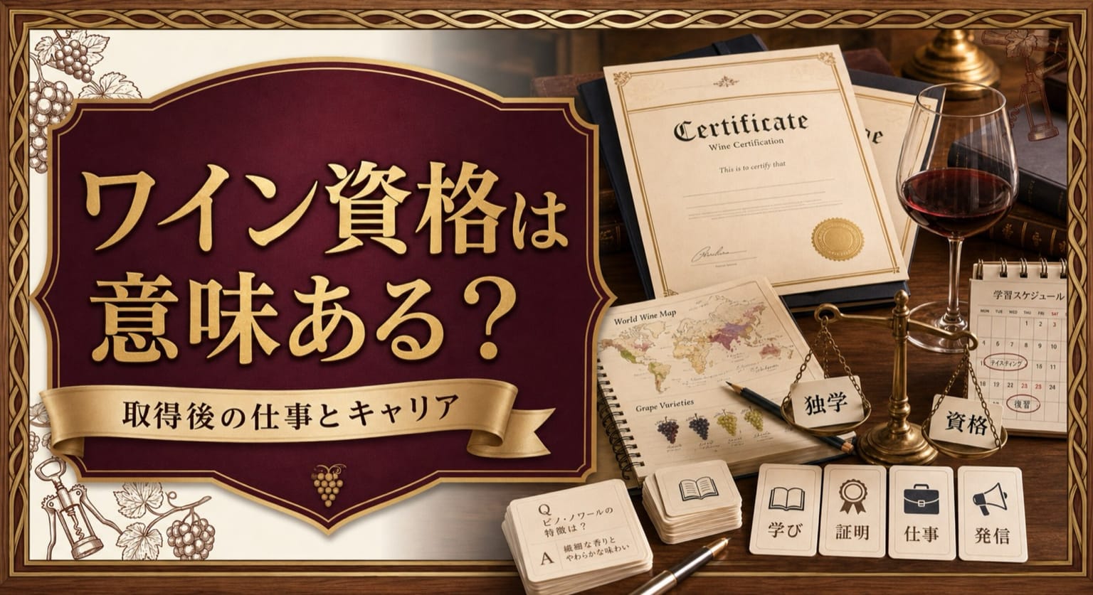 ワイン資格は意味ある?という記事タイトルと、ワイン資格の証書、世界ワイン地図の学習ノート、テイスティンググラス、独学と資格を比べる天秤を配したサムネイル
