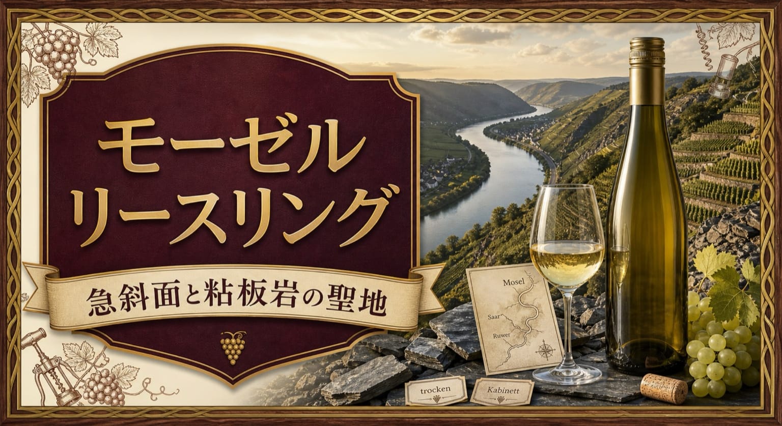 モーゼル リースリングという記事タイトルと、蛇行するモーゼル川、粘板岩の急斜面ブドウ畑、リースリングのボトルとグラス、モーゼル・ザール・ルーヴァーの地図カードを配したサムネイル