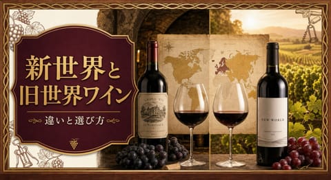 新世界と旧世界ワインの違いと選び方という記事タイトルと、旧世界風の石造りセラーと新世界風の明るい畑、世界地図、2本のワインとグラスを比較したサムネイル