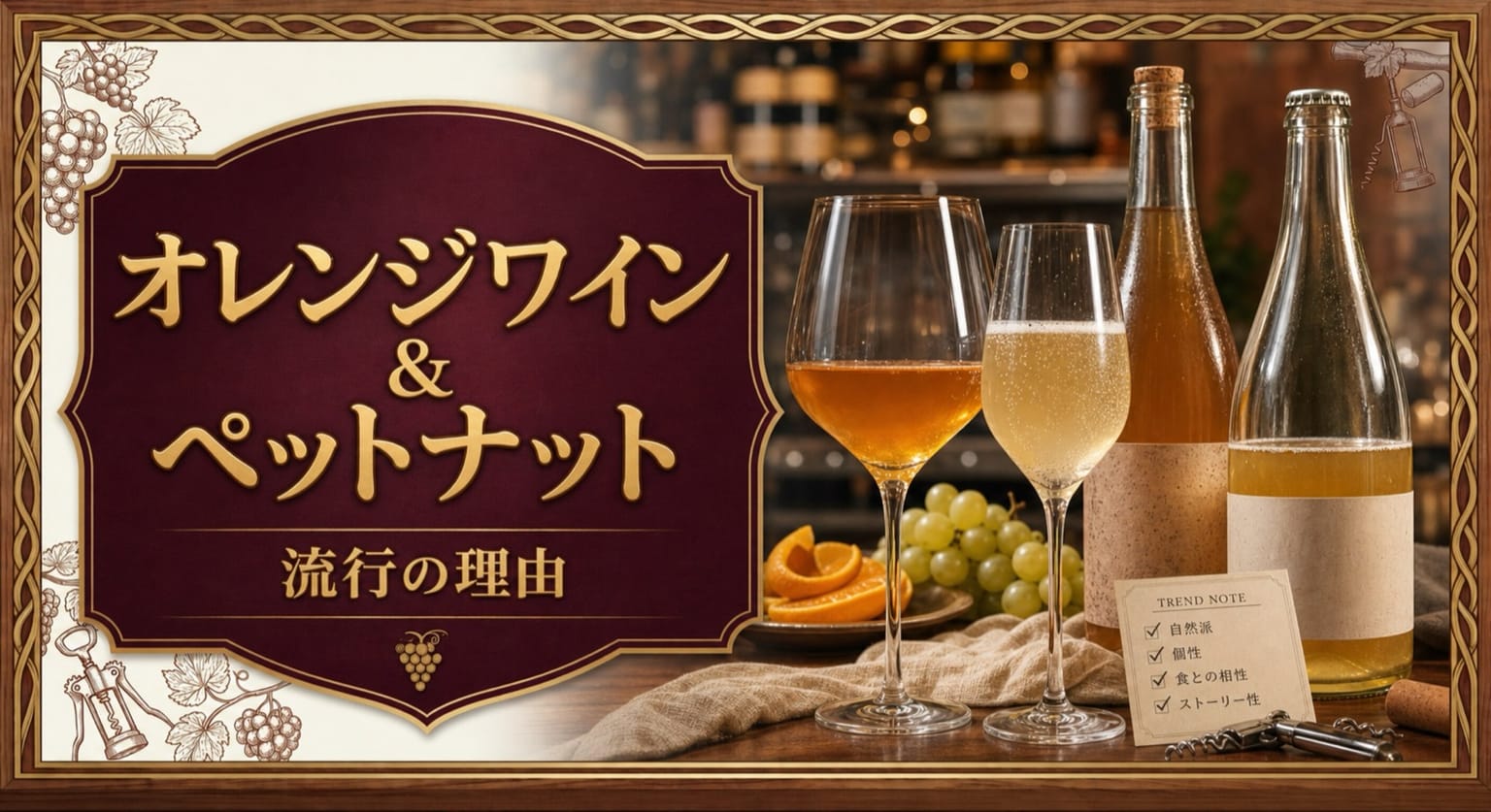 オレンジワイン&ペットナット流行の理由という記事タイトルと、ワインバーのカウンターに並ぶ琥珀色のオレンジワイン、発泡するペットナット、自然派風ボトル、トレンドカードを配したサムネイル