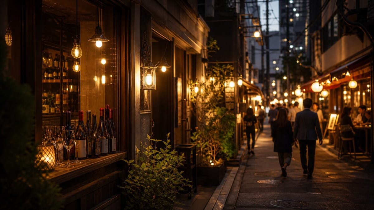 夕暮れの大阪の路地に並ぶワインバーの温かな灯り