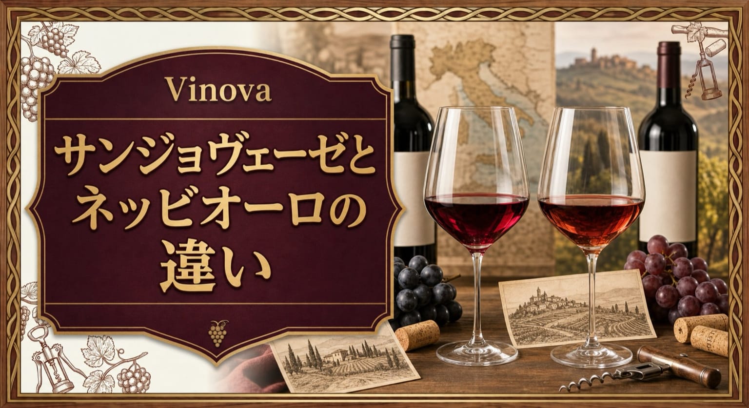サンジョヴェーゼとネッビオーロの違いという記事タイトルと、色調の異なる2杯の赤ワイン、イタリアの地図カード、ブドウを並べた品種比較サムネイル