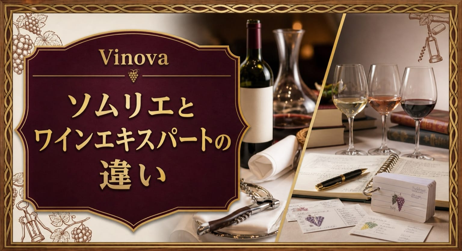 ソムリエとワインエキスパートの違いという記事タイトルと、レストランサービス道具と学習ノート、テイスティンググラスを左右で比較した資格解説サムネイル