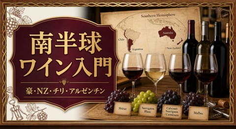 南半球ワイン入門|豪・NZ・チリ・アルゼンチンという記事タイトルと、南半球の地図、4カ国を示すワインボトルとグラス、代表品種のブドウを並べたサムネイル