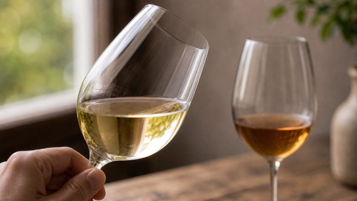 光にかざした澄んだ白ワインと、奥にぼやける酸化して色づいたワインの対比