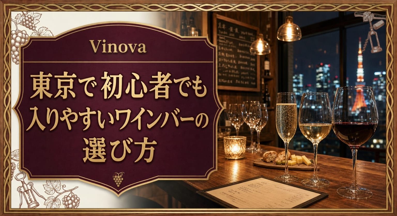 東京で初心者でも入りやすいワインバーの選び方という記事タイトルと、東京の夜景が見える温かなワインバーのカウンターを配したサムネイル
