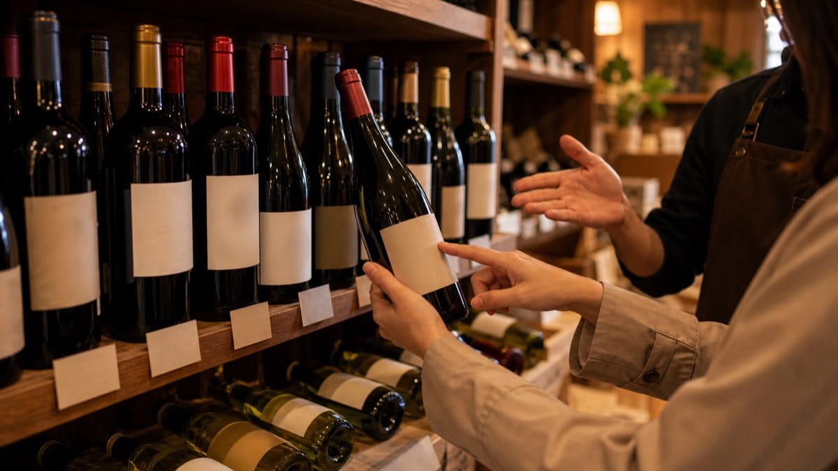 棚に並んだワインを前に店員へ相談する客の手元、東京のワインショップの雰囲気