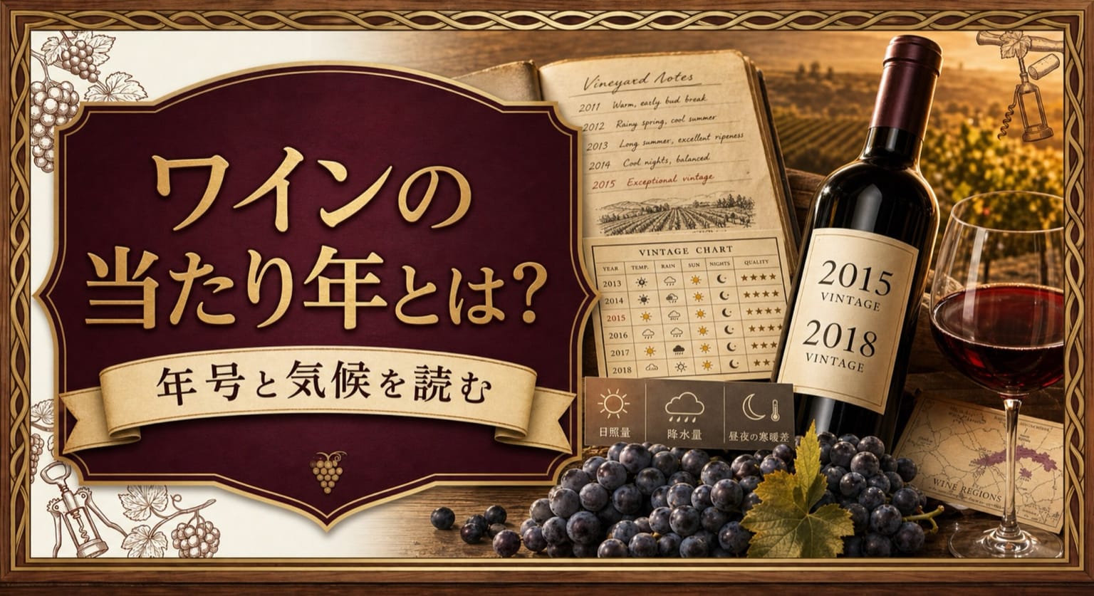 ワインの当たり年とは?という記事タイトルと、2015・2018の年号が入ったボトル、ヴィンテージチャート、気候アイコン、熟したブドウを配したサムネイル