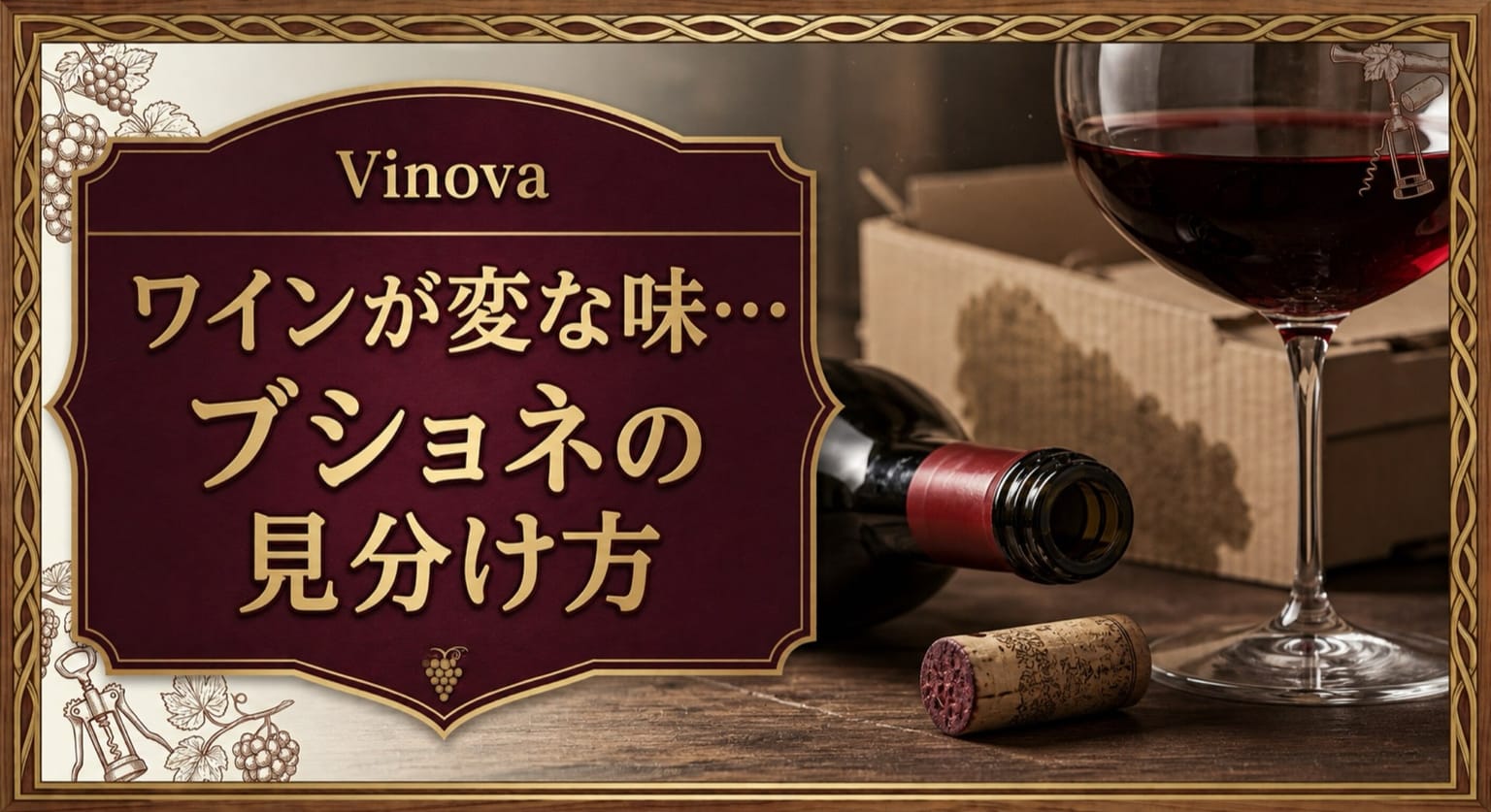 ワインが変な味…ブショネの見分け方という記事タイトルと、開栓した赤ワイン、天然コルク、湿った段ボールをあしらったサムネイル