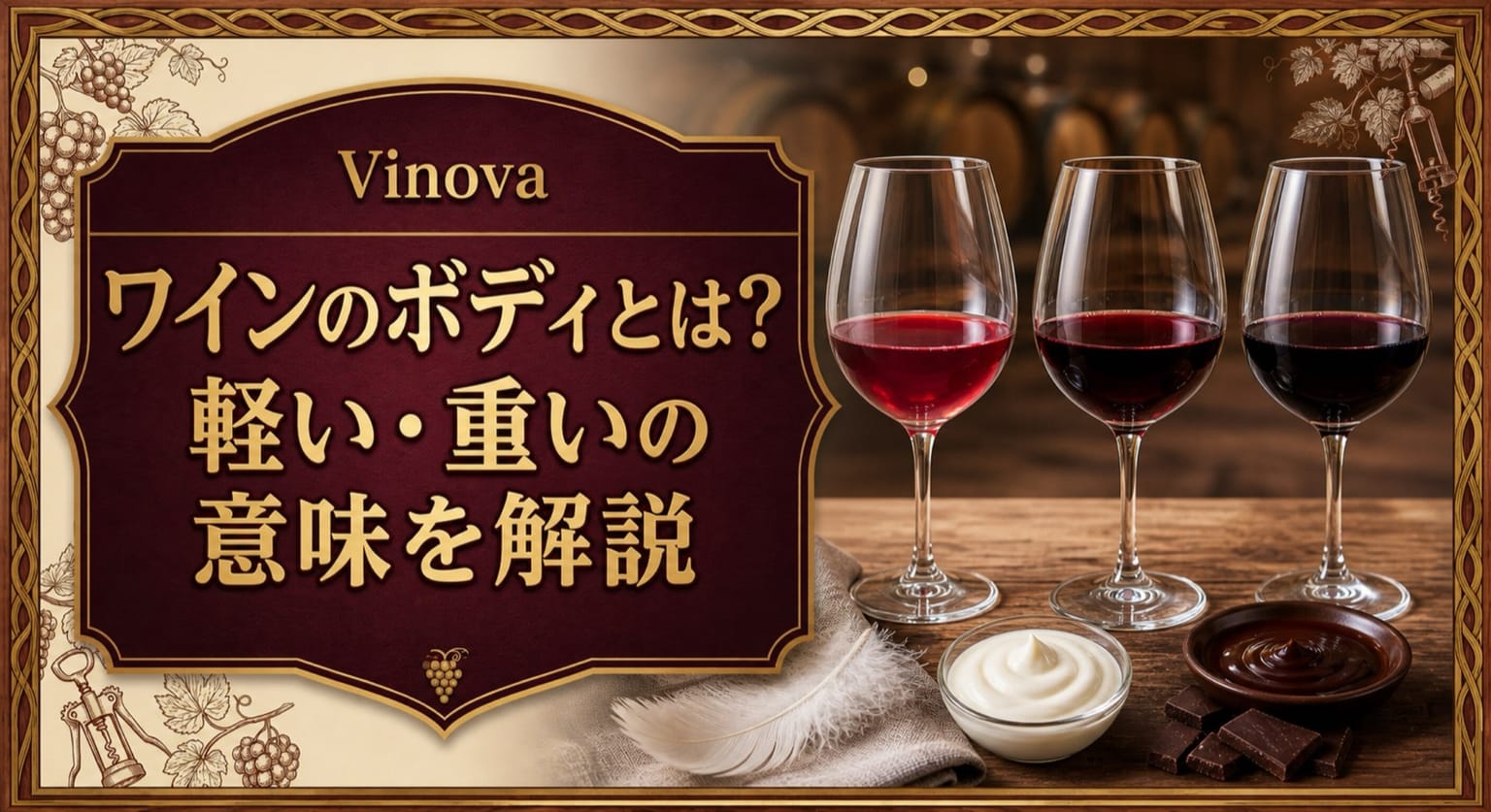 ワインのボディとは?という記事タイトルと、軽い・中程度・重いボディを表す3杯の赤ワインを並べたサムネイル