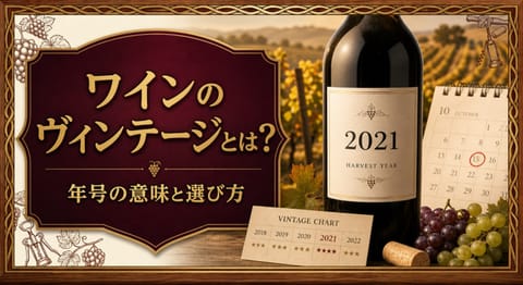 ワインのヴィンテージ(年号)とは?初心者が気にすべきかの正解という記事タイトルと、収穫年を大きく示したワインラベル、ヴィンテージ表、カレンダー、ブドウ畑を配したサムネイル
