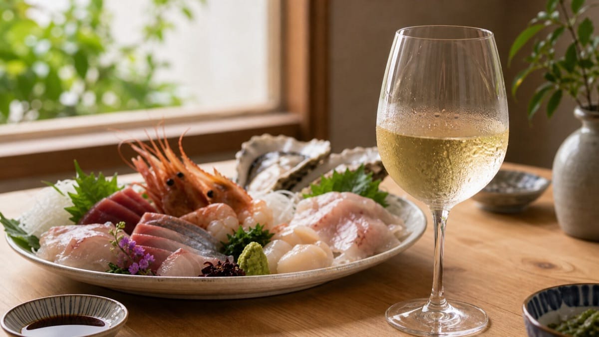 冷えた白ワインと新鮮な魚介の刺身を並べたテーブル