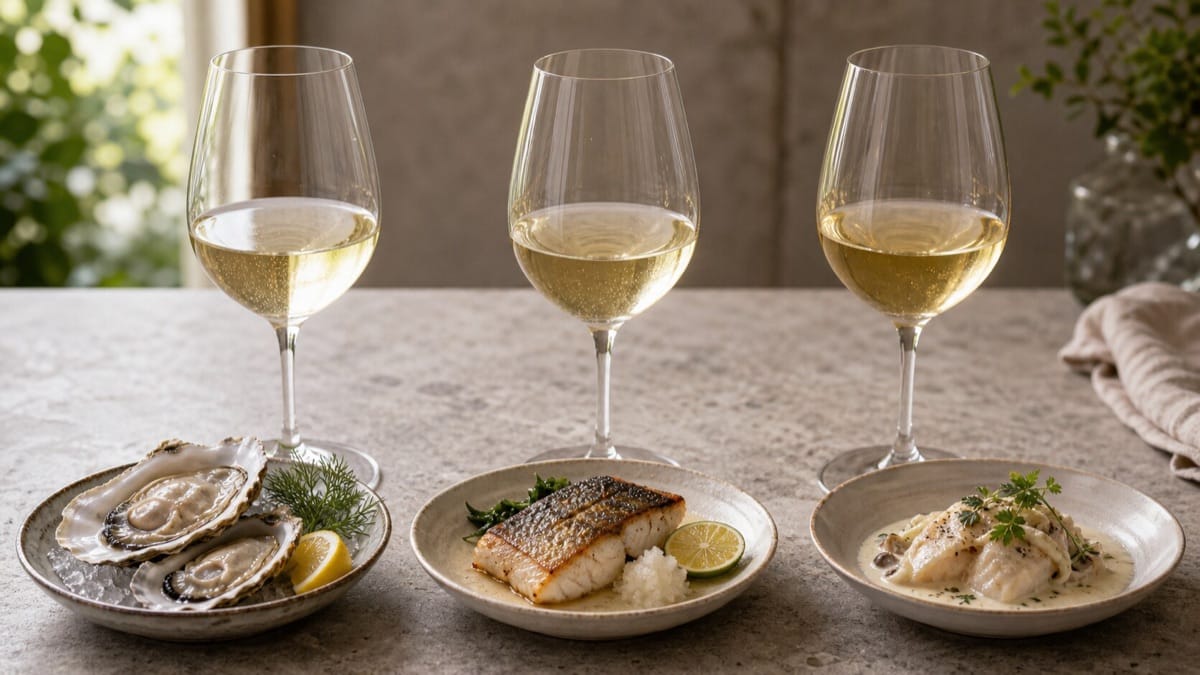 料理別に並べた3種類の白ワインと魚介料理