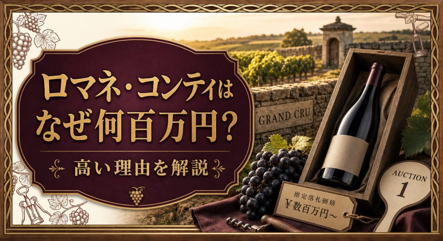 ロマネ・コンティはなぜ何百万円?高い理由を解説という記事タイトルと、石垣に囲まれたブルゴーニュ風の小さな畑、無地ラベルの高級ワイン、黒ブドウ、オークション札を配したサムネイル