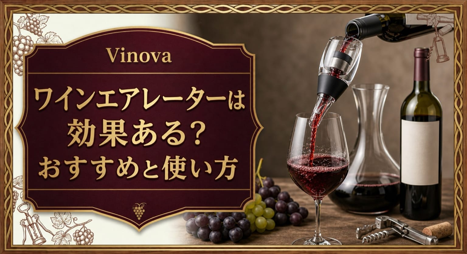 ワインエアレーターは効果ある?という記事タイトルと、エアレーターを通して赤ワインを注ぐ様子、デキャンタ、ボトルを配したサムネイル