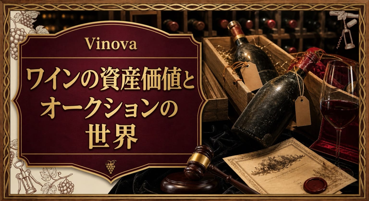 ワインの資産価値とオークションの世界という記事タイトルと、古酒のボトル、木箱、オークションの槌、来歴証明書を配したサムネイル