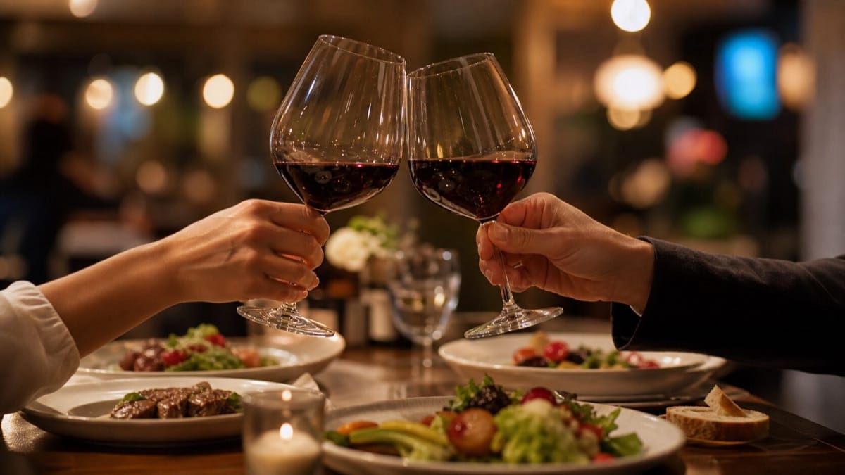 レストランで乾杯するワイングラス
