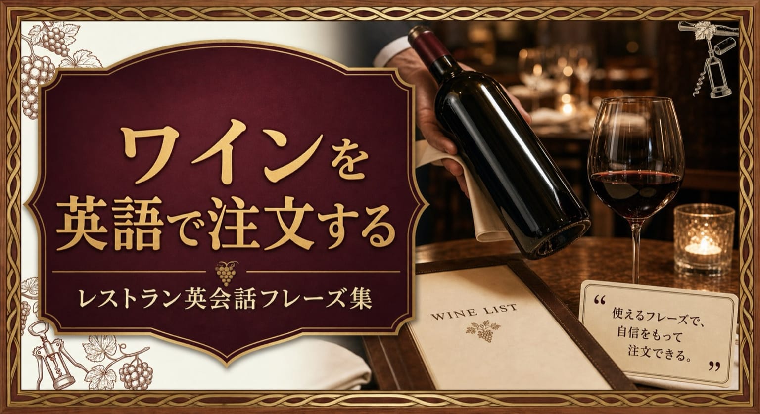 ワインを英語で注文する!レストラン英会話フレーズ集という記事タイトルと、海外レストランのテーブル、ワインリスト、サーブされるボトル、赤ワイン、英会話フレーズカードを配したサムネイル