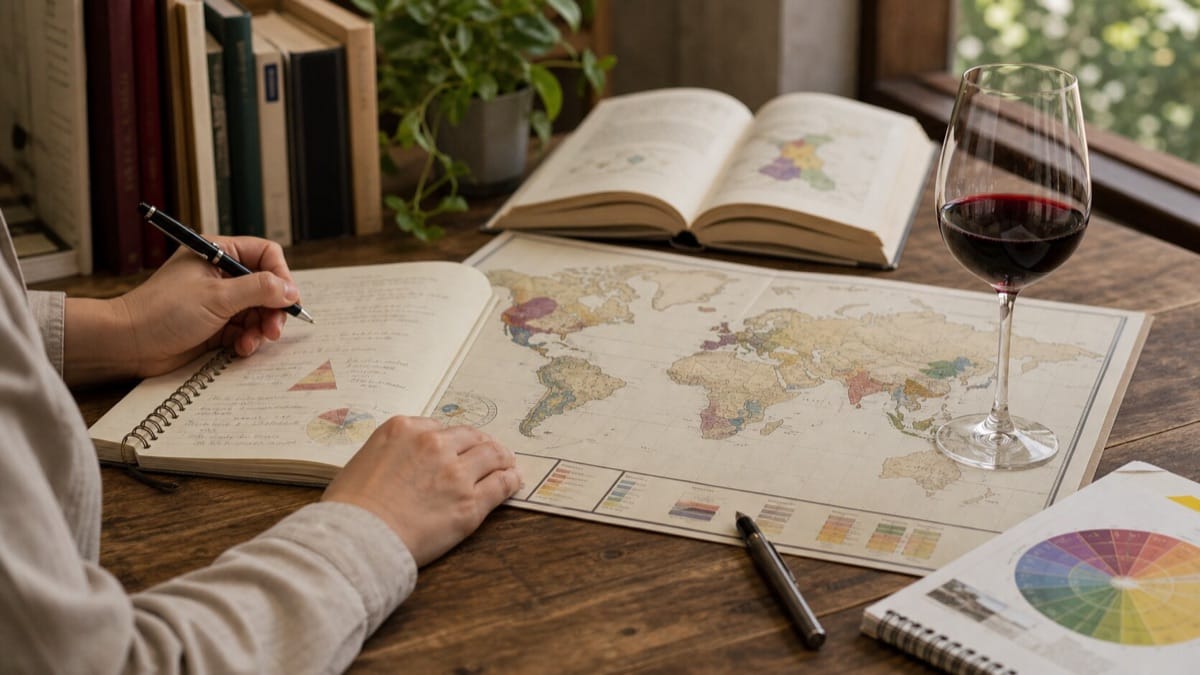 机の上でワインの学習ノートと世界の産地地図を広げて勉強する様子