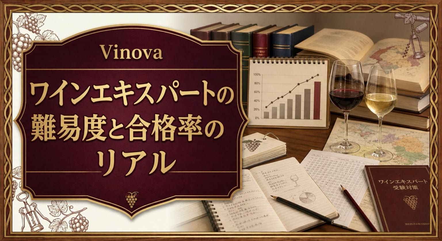 ワインエキスパートの難易度と合格率のリアルという記事タイトルと、教本、答案用紙、産地地図、合格率グラフ、テイスティンググラスを並べた試験学習サムネイル