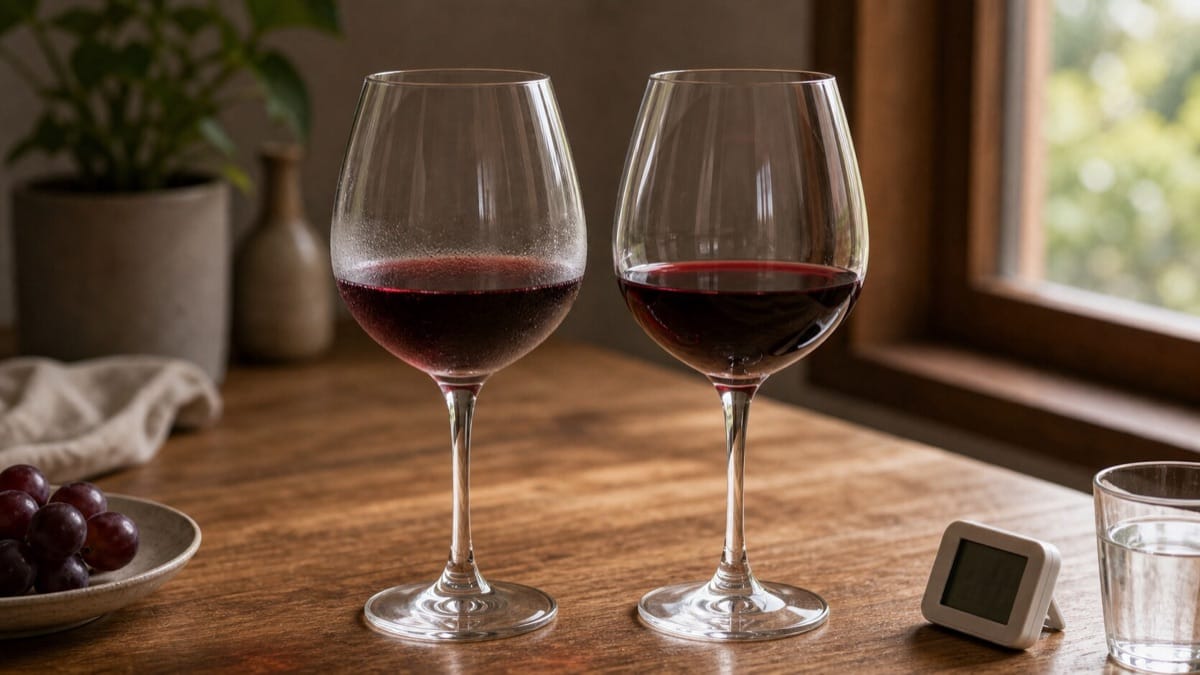 温度違いの赤ワインを2脚のグラスで飲み比べる様子