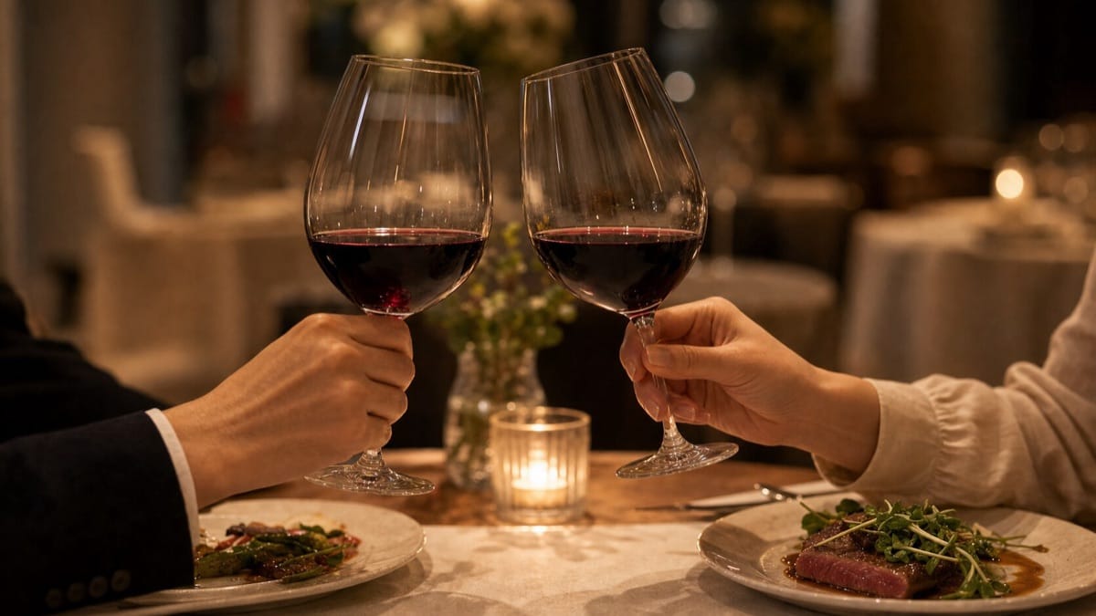 ワインの乾杯でグラスを軽く掲げ、相手と目を合わせる様子