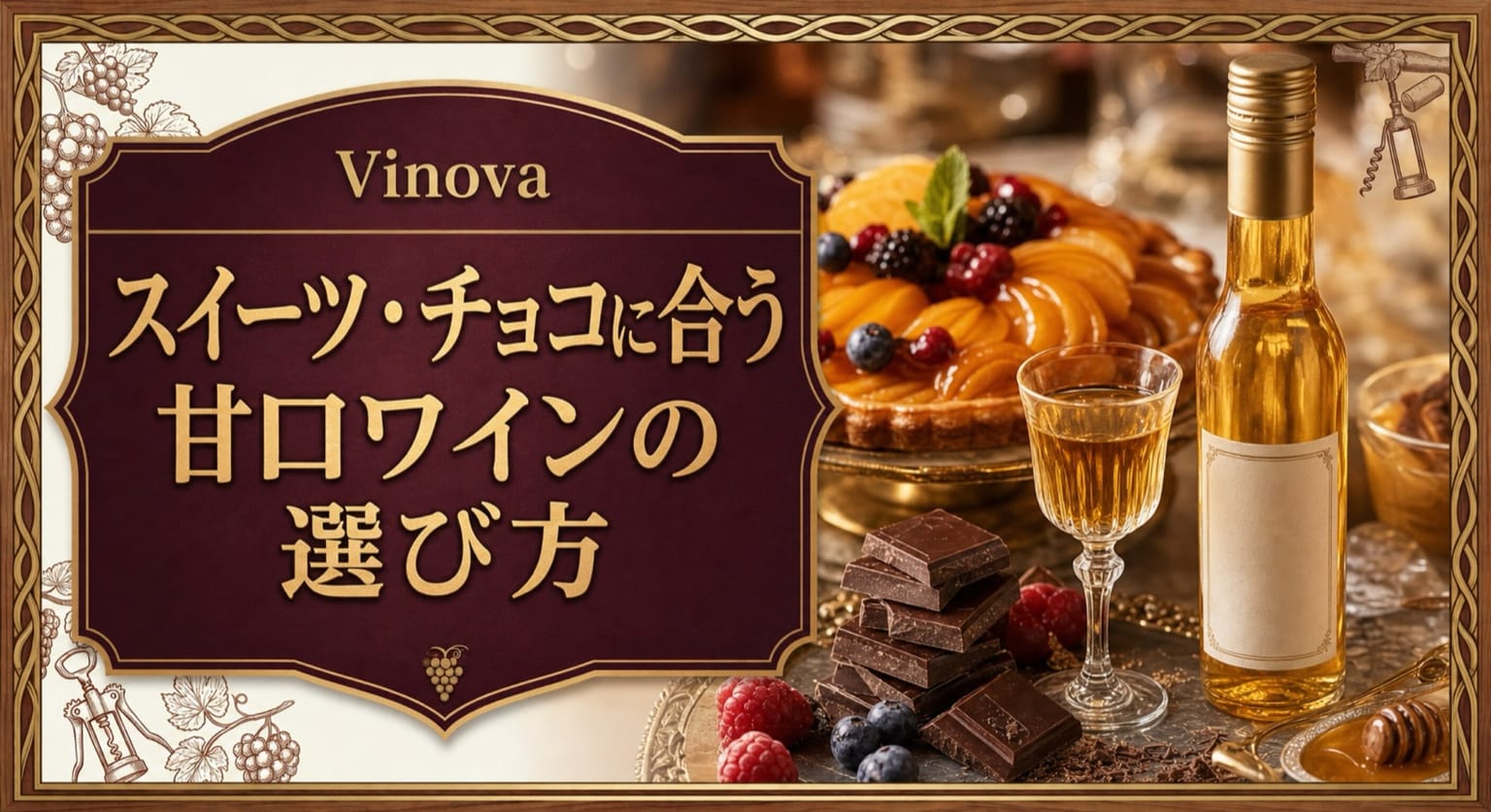スイーツ・チョコに合う甘口ワインの選び方という記事タイトルと、黄金色の甘口ワイン、フルーツタルト、チョコレートを並べたサムネイル