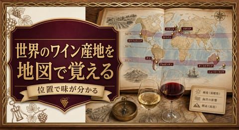 世界のワイン産地を地図で覚えるという記事タイトルと、ワインベルトを示した世界地図、主要産地のピン、赤白ワインのグラス、方位磁針を配したサムネイル