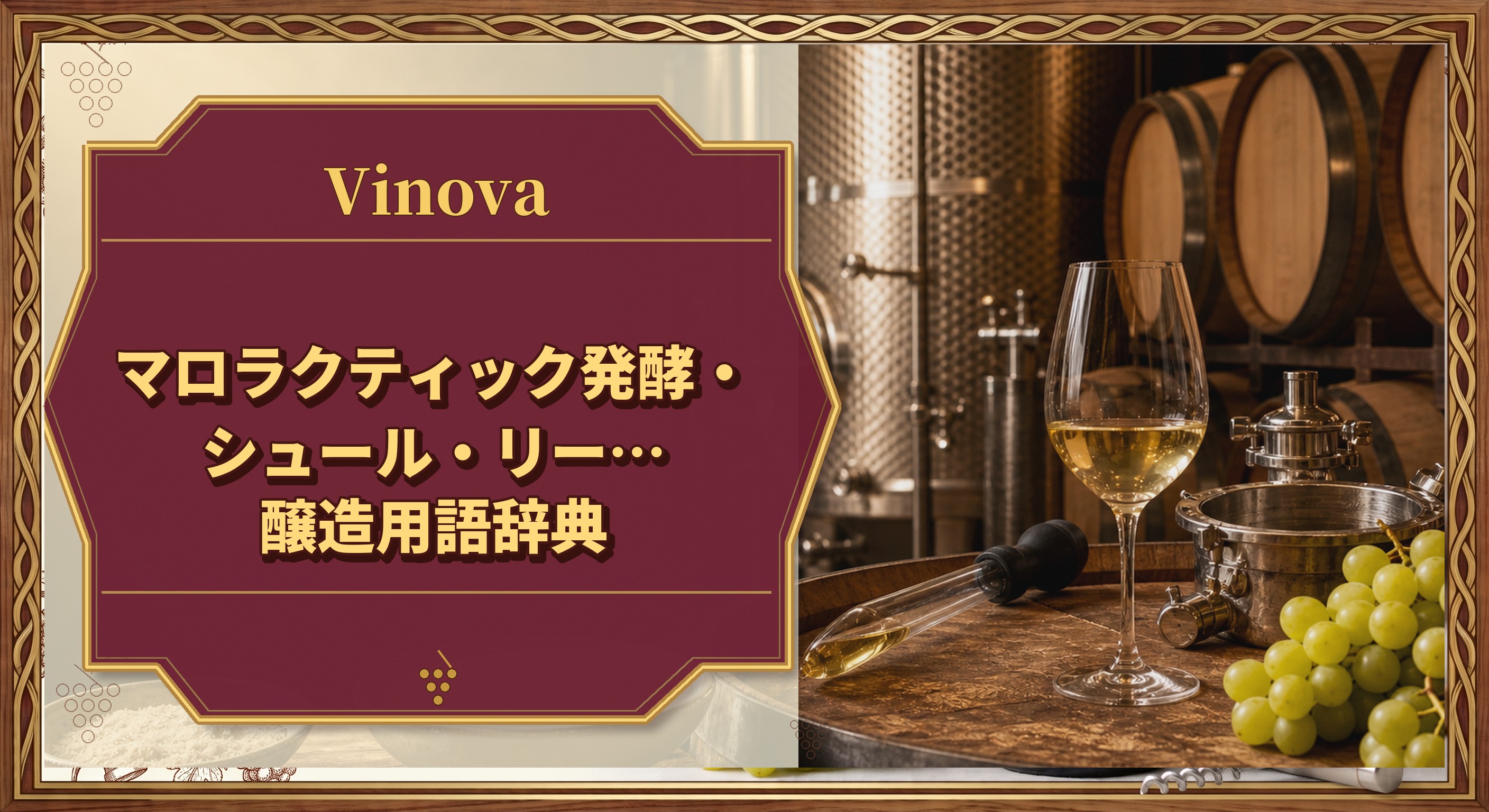 マロラクティック発酵・シュール・リー…醸造用語辞典という記事タイトルと、醸造設備や樽を背景にしたサムネイル