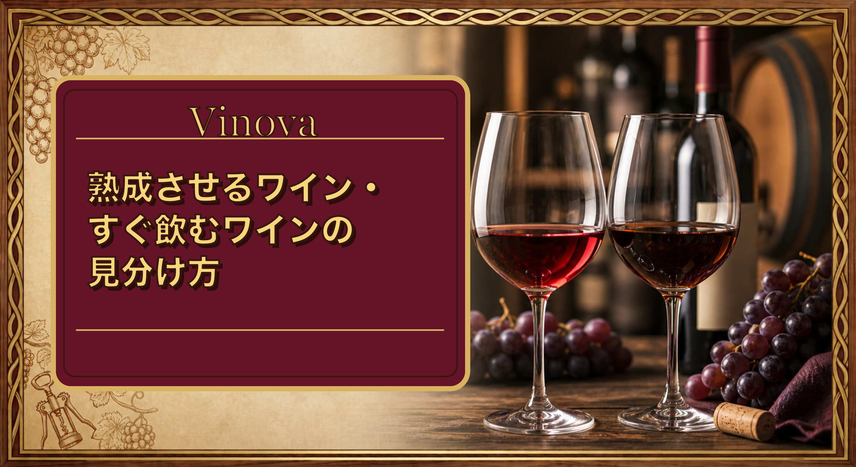 熟成させるワイン・すぐ飲むワインの見分け方という記事タイトルと、若いワインと熟成したワインを並べたサムネイル