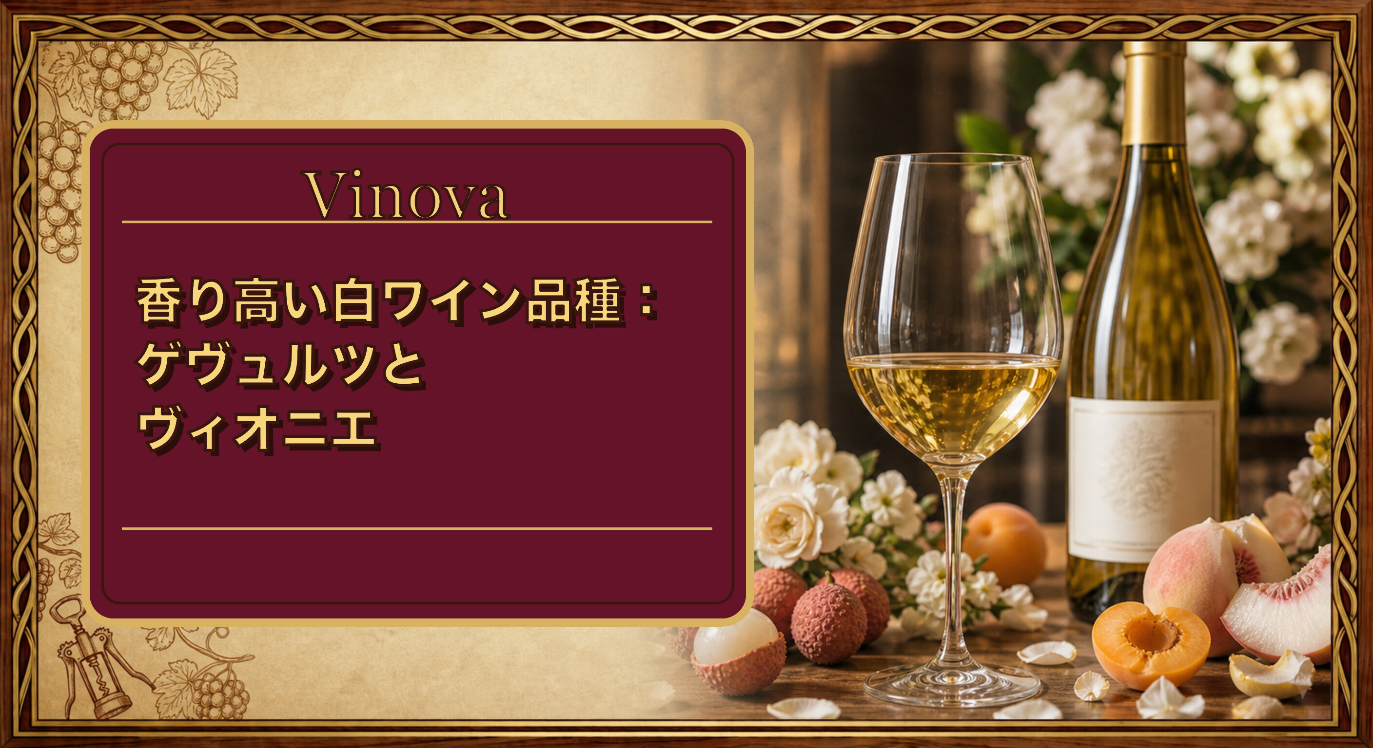 香り高い白ワイン品種:ゲヴュルツとヴィオニエという記事タイトルと、白ワイン・ライチ・花を並べたサムネイル