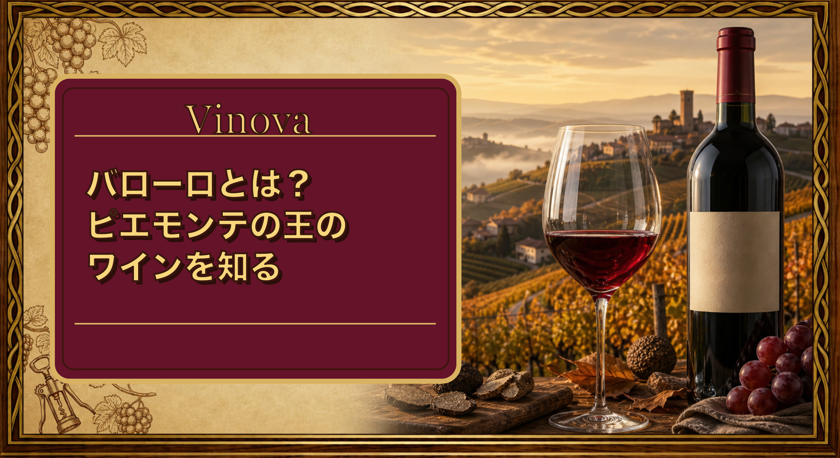 バローロとは?ピエモンテの王のワインを知るという記事タイトルと、ピエモンテの丘陵・赤ワインを並べたサムネイル
