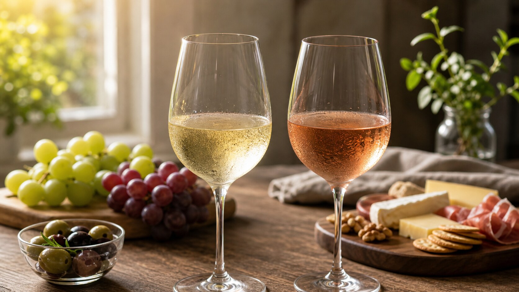 やわらかな光の中に置かれた、飲みやすい白とロゼのワイングラス