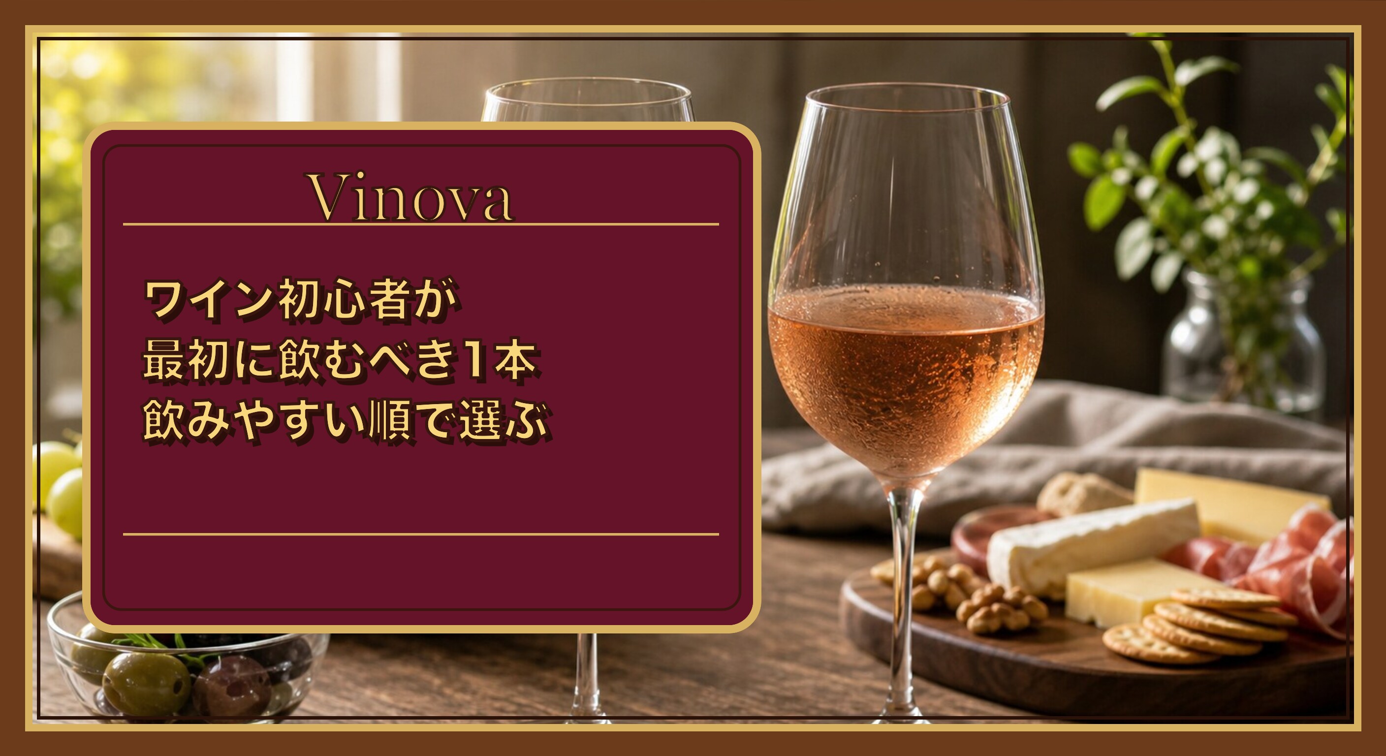 ワイン初心者が最初に飲むべき1本|飲みやすい順で選ぶという記事タイトルと、やわらかな光の中に置かれた、飲みやすい白とロゼのワイングラスを背景にしたサムネイル