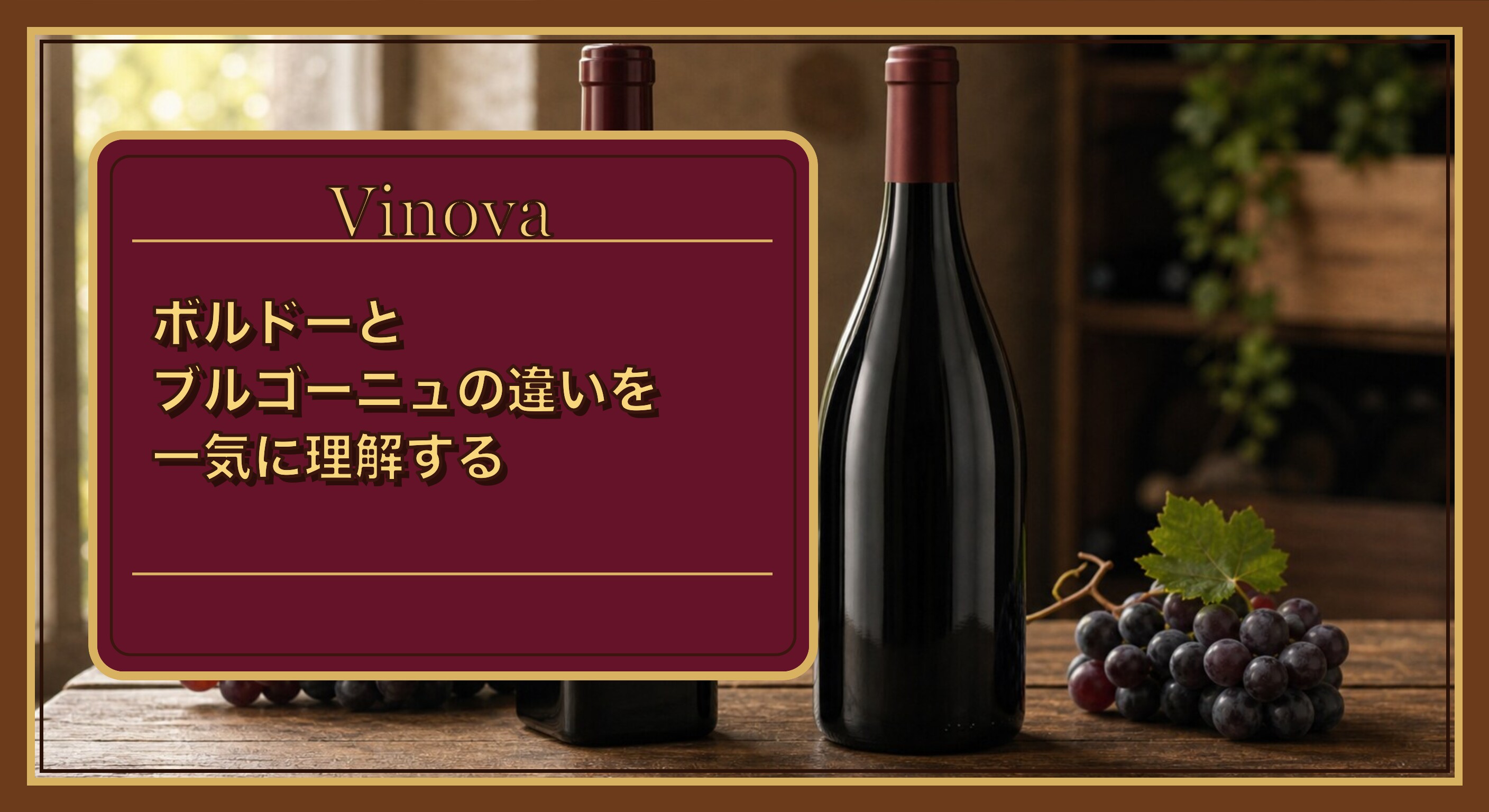 ボルドーとブルゴーニュの違いを一気に理解するという記事タイトルと、いかり肩のボルドー型ボトルとなで肩のブルゴーニュ型ボトルを並べた比較写真を背景にしたサムネイル