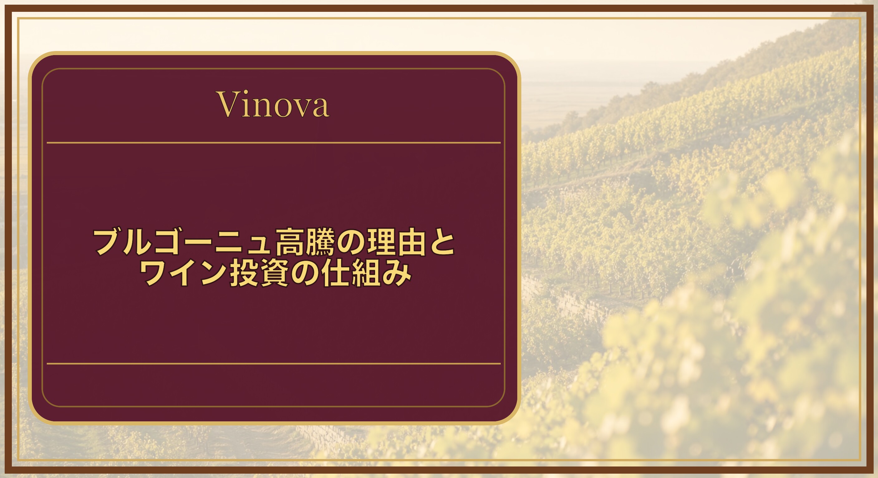 ブルゴーニュ高騰の理由とワイン投資の仕組みという記事タイトルと、小さな区画に細かく分かれたブルゴーニュの丘陵のブドウ畑を背景にしたサムネイル