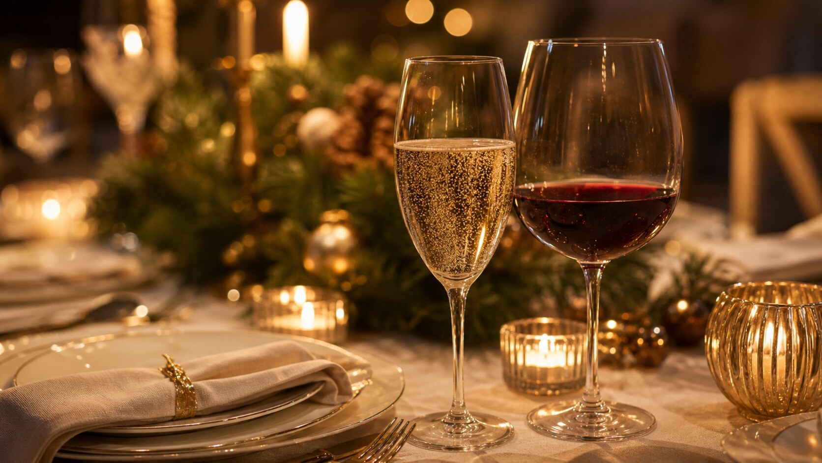クリスマスの食卓に並ぶスパークリングワインのグラスと料理