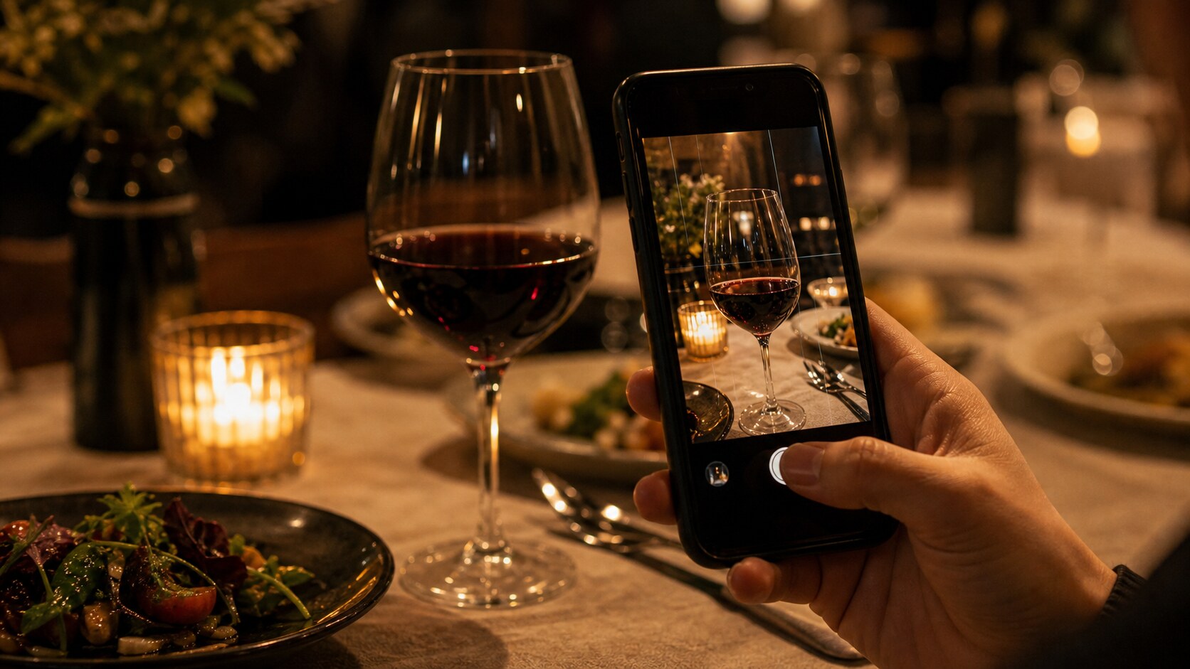 レストランでワインのグラスをスマホで撮影して記録する様子