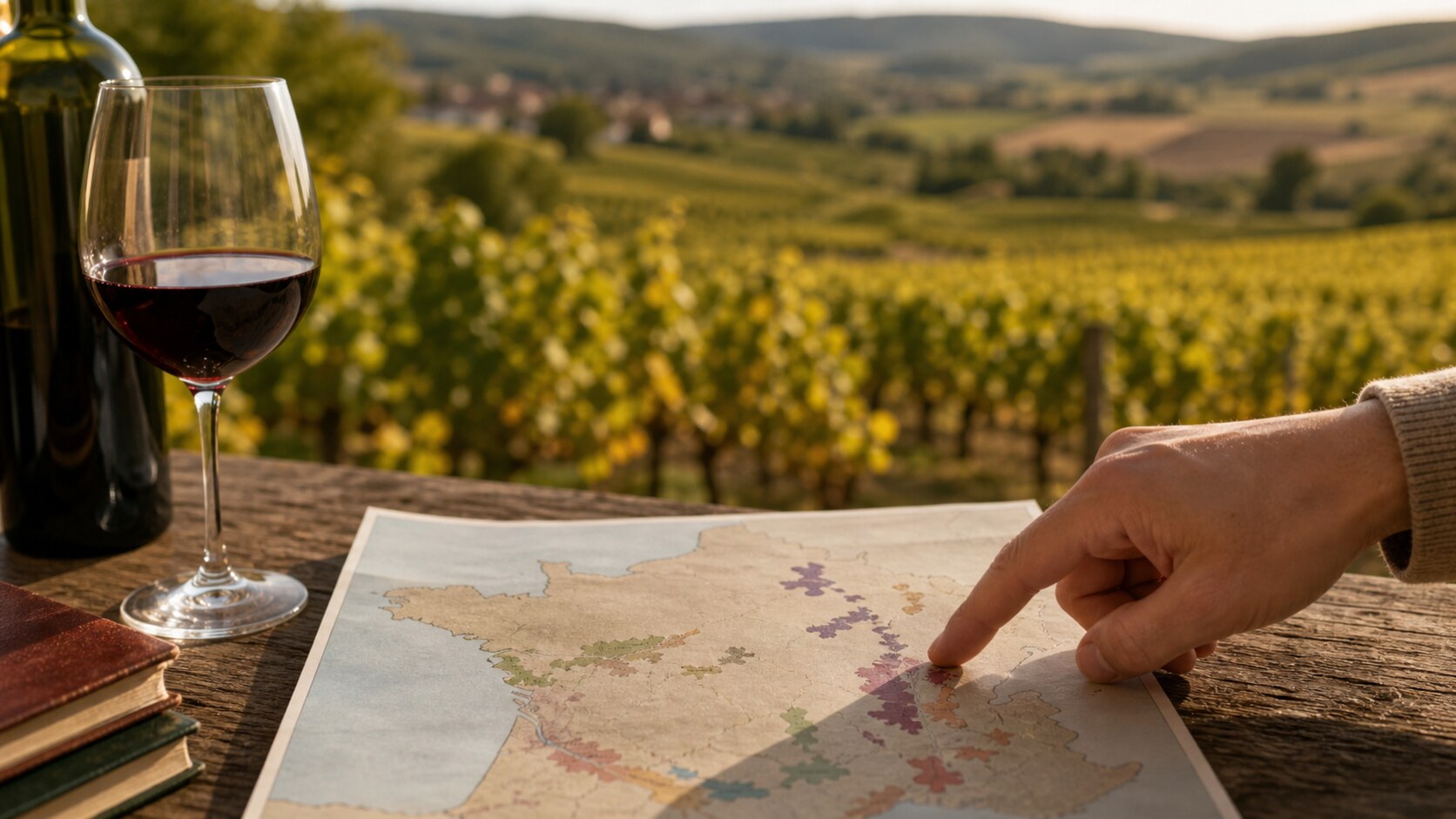 フランスの地図上で産地を指し示す手元