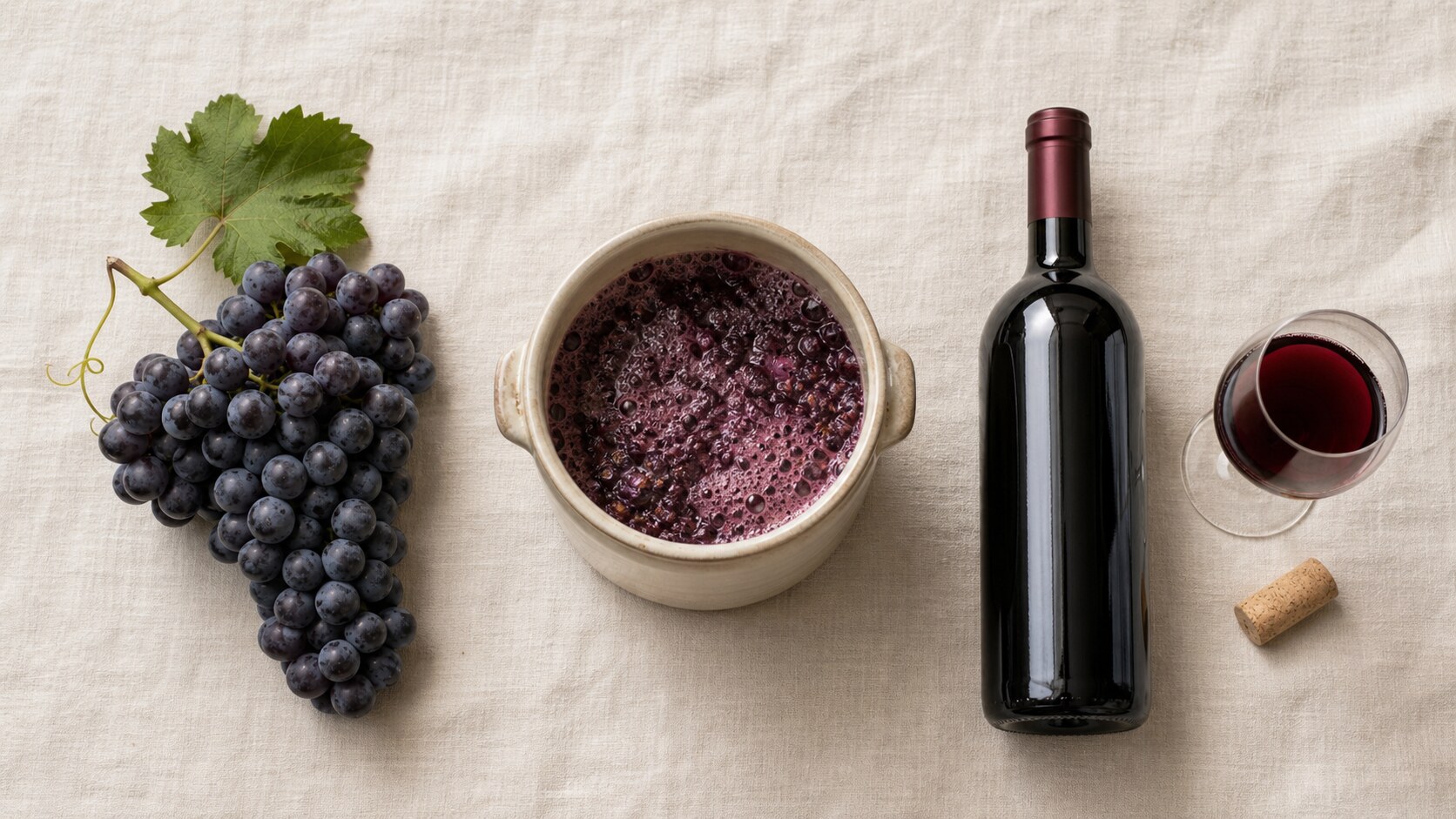 ブドウから発酵、瓶詰めまでの醸造フローを連想させる並び