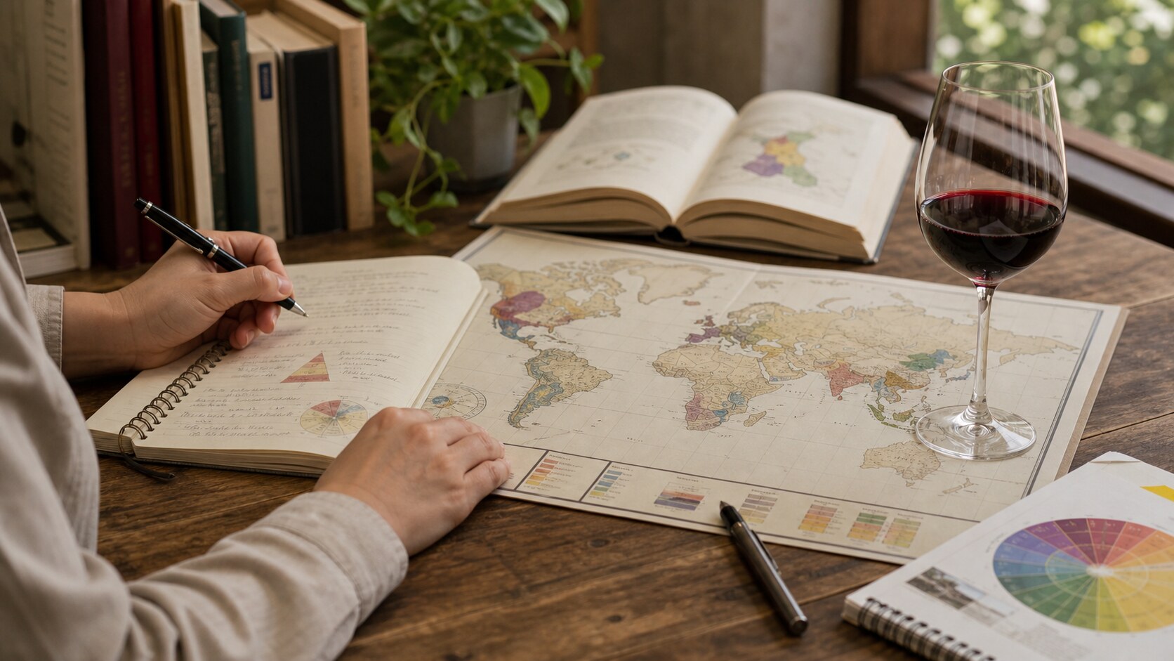 机の上でワインの学習ノートと世界の産地地図を広げて勉強する様子