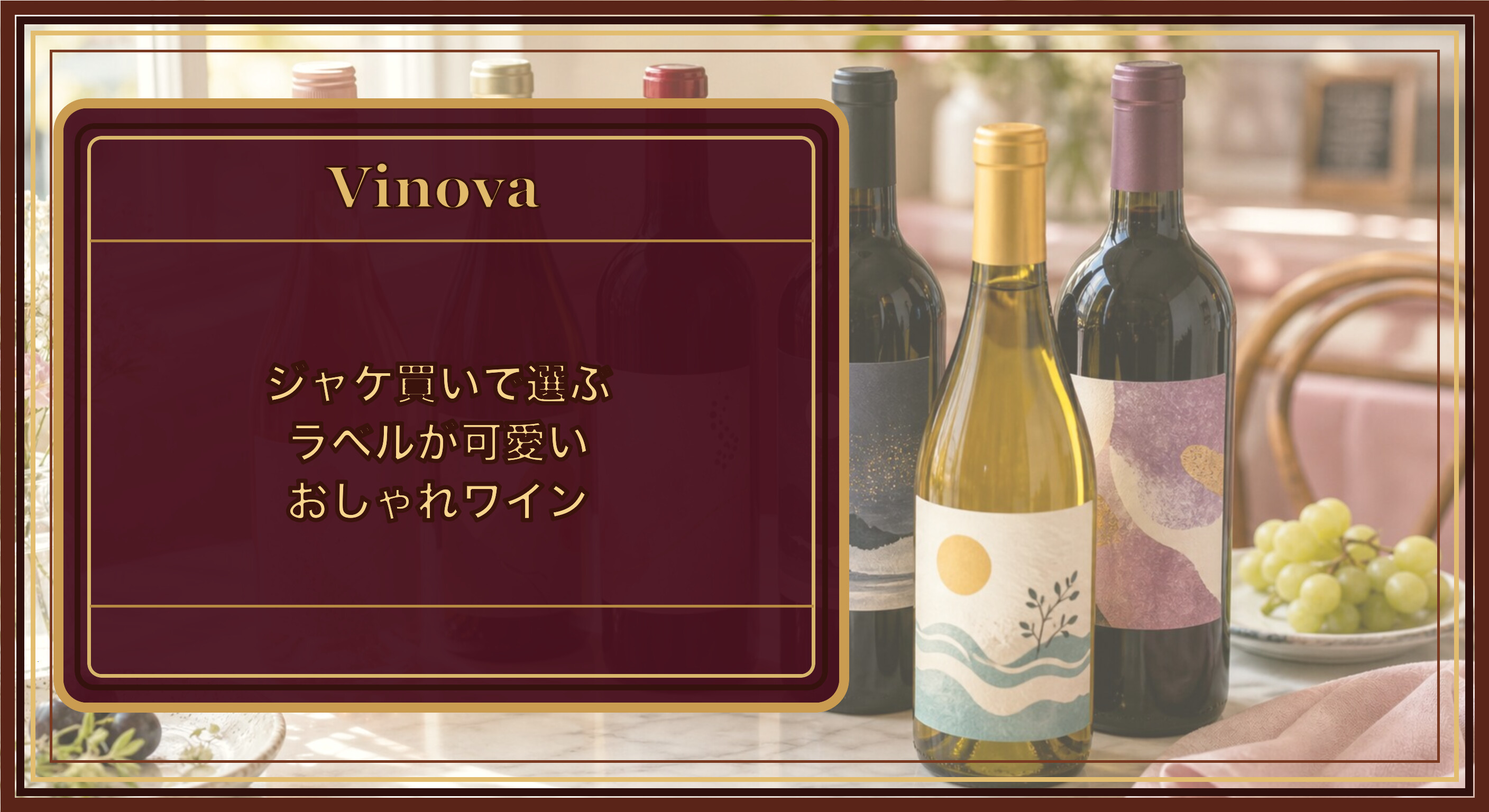 ジャケ買いで選ぶ、ラベルが可愛いおしゃれワインという記事タイトルと、おしゃれなラベルのワインボトルを並べたインスタ映えする場面を背景にしたサムネイル